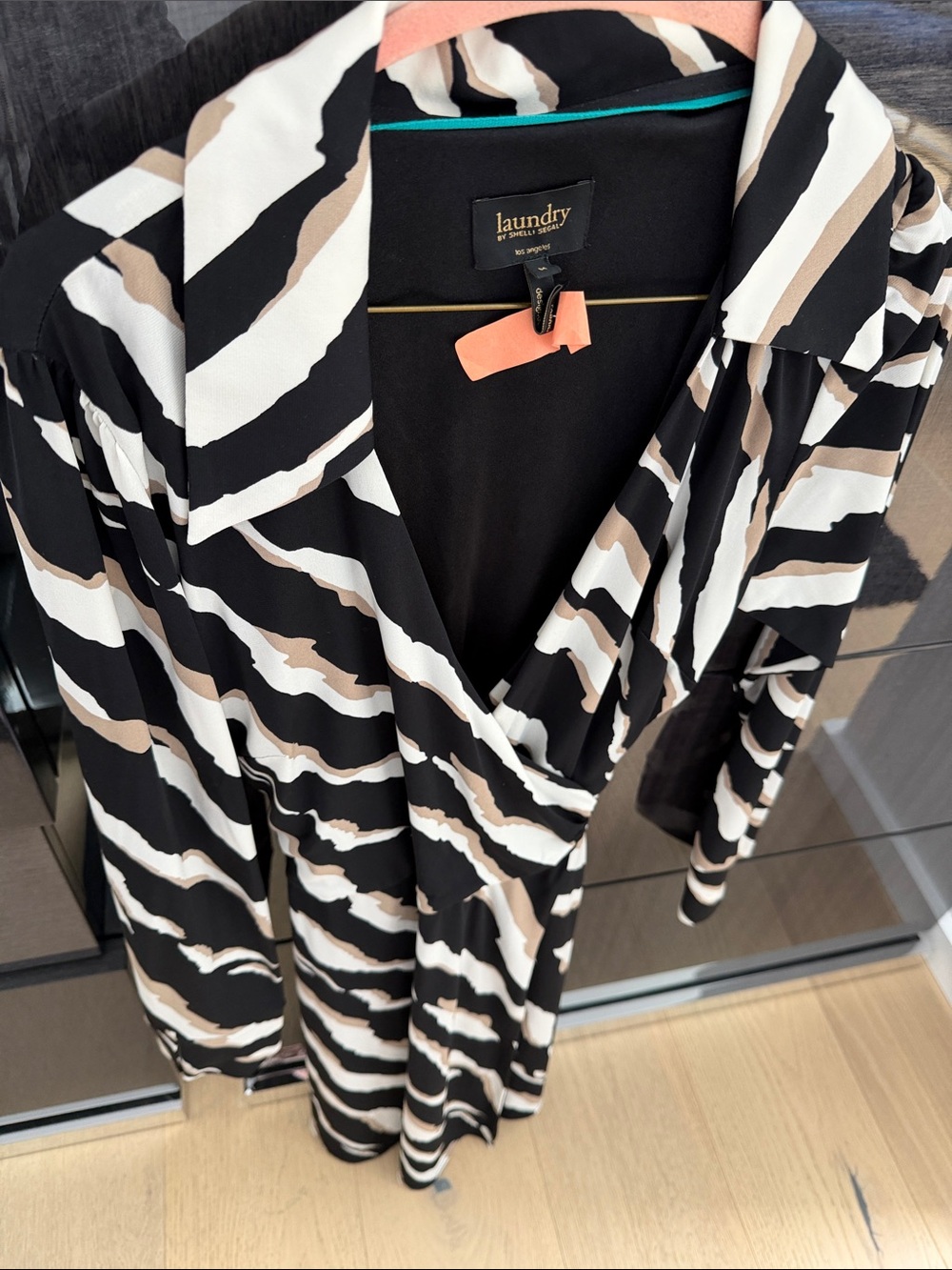 Laundry by Shelli Segal Black, White & Taupe Striped Wrap Dress